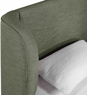 Meridian Furniture Aurin Wingback Twin Bed Sculptural Linen Upholstered Headboard with Walnut Wood Platform Base Olive Green B1285Olive-T