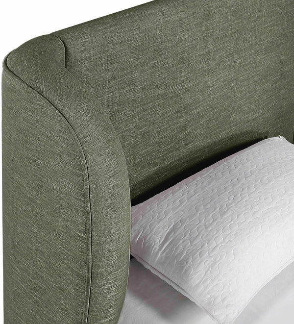 Meridian Furniture Aurin Wingback Twin Bed Sculptural Linen Upholstered Headboard with Walnut Wood Platform Base Olive Green B1285Olive-T