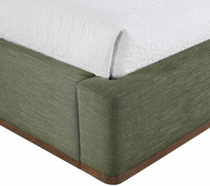 Meridian Furniture Aurin Wingback Twin Bed Sculptural Linen Upholstered Headboard with Walnut Wood Platform Base Olive Green B1285Olive-T