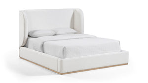 Meridian Furniture Aurin Wingback King Bed Linen Upholstered Platform Frame with Solid Walnut Wood Base Cream - B B1286Cream-K