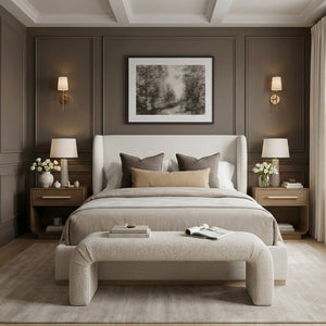 Meridian Furniture Aurin Wingback King Bed Linen Upholstered Platform Frame with Solid Walnut Wood Base Cream - B B1286Cream-K