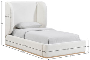 Meridian Furniture Aurin Wingback Twin Bed Sculptural Linen Upholstered Headboard with Walnut Wood Platform Base Cream - B B1286Cream-T