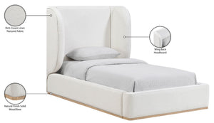Meridian Furniture Aurin Wingback Twin Bed Sculptural Linen Upholstered Headboard with Walnut Wood Platform Base Cream - B B1286Cream-T