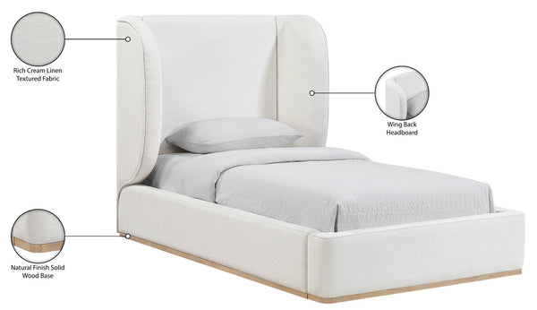 Meridian Furniture Aurin Wingback Twin Bed Sculptural Linen Upholstered Headboard with Walnut Wood Platform Base Cream - B B1286Cream-T