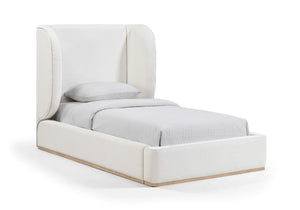 Meridian Furniture Aurin Wingback Twin Bed Sculptural Linen Upholstered Headboard with Walnut Wood Platform Base Cream - B B1286Cream-T