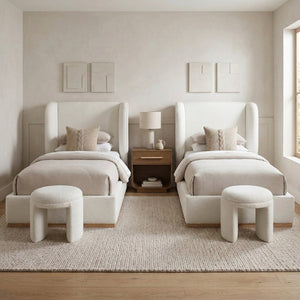 Meridian Furniture Aurin Wingback Twin Bed Sculptural Linen Upholstered Headboard with Walnut Wood Platform Base Cream - B B1286Cream-T