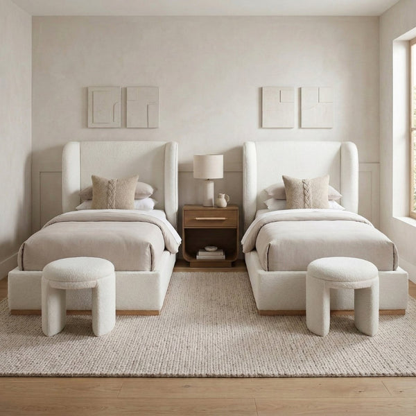 Meridian Furniture Aurin Wingback Twin Bed Sculptural Linen Upholstered Headboard with Walnut Wood Platform Base Cream - B B1286Cream-T