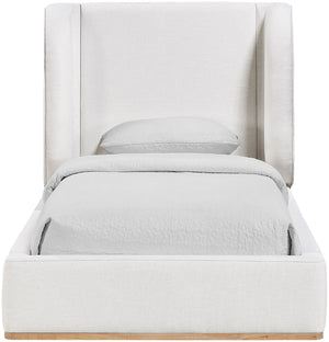 Meridian Furniture Aurin Wingback Twin Bed Sculptural Linen Upholstered Headboard with Walnut Wood Platform Base Cream - B B1286Cream-T