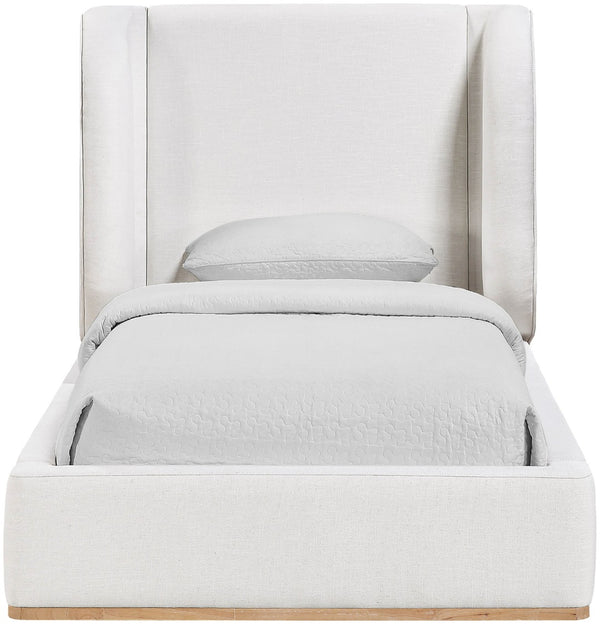 Meridian Furniture Aurin Wingback Twin Bed Sculptural Linen Upholstered Headboard with Walnut Wood Platform Base Cream - B B1286Cream-T