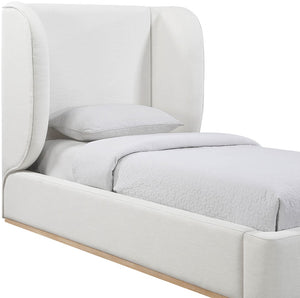 Meridian Furniture Aurin Wingback Twin Bed Sculptural Linen Upholstered Headboard with Walnut Wood Platform Base Cream - B B1286Cream-T