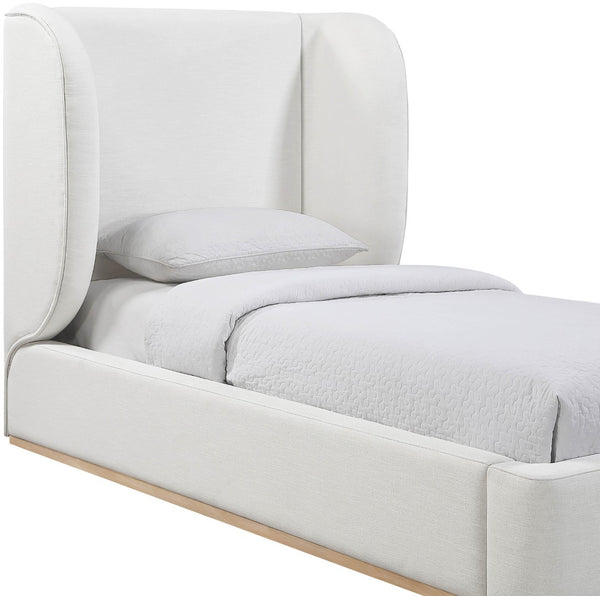 Meridian Furniture Aurin Wingback Twin Bed Sculptural Linen Upholstered Headboard with Walnut Wood Platform Base Cream - B B1286Cream-T