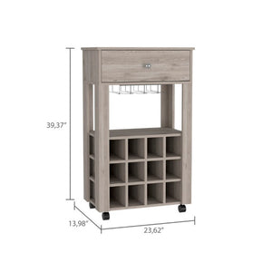 English Elm Ace Rolling Bar Cart with Twelve Wine Slots Drawer and Shelf for Entertaining Spaces B128P322487