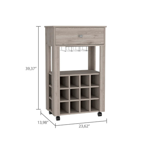 English Elm Ace Rolling Bar Cart with Twelve Wine Slots Drawer and Shelf for Entertaining Spaces B128P322487
