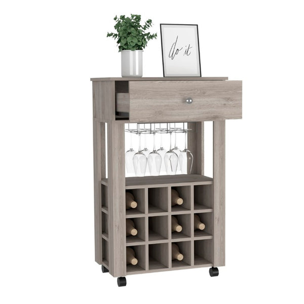 English Elm Ace Rolling Bar Cart with Twelve Wine Slots Drawer and Shelf for Entertaining Spaces B128P322487