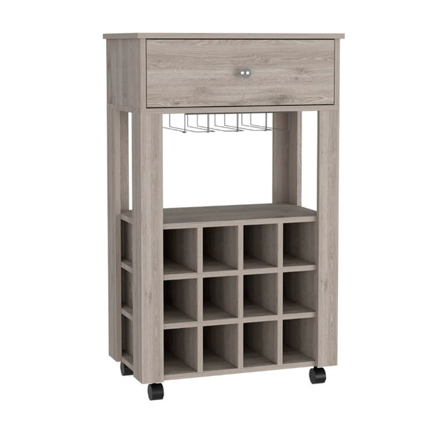 English Elm Ace Rolling Bar Cart with Twelve Wine Slots Drawer and Shelf for Entertaining Spaces B128P322487