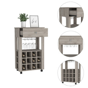 English Elm Ace Rolling Bar Cart with Twelve Wine Slots Drawer and Shelf for Entertaining Spaces B128P322487