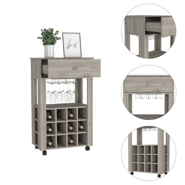 English Elm Ace Rolling Bar Cart with Twelve Wine Slots Drawer and Shelf for Entertaining Spaces B128P322487