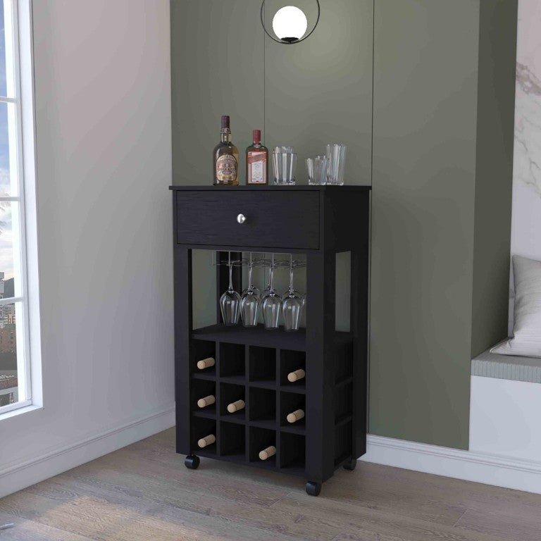 English Elm Ace Rolling Bar Cart with Wine Storage Glass Rack Drawer and Matte Black Finish B128P322488