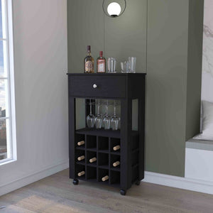 English Elm Ace Rolling Bar Cart with Wine Storage Glass Rack Drawer and Matte Black Finish B128P322488
