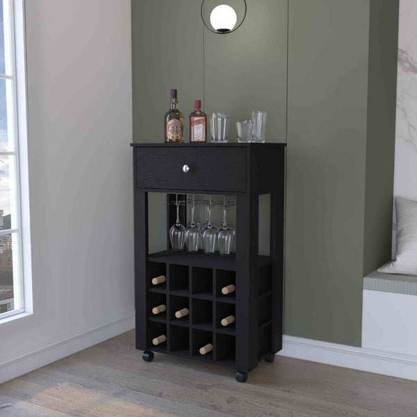 English Elm Ace Rolling Bar Cart with Wine Storage Glass Rack Drawer and Matte Black Finish B128P322488