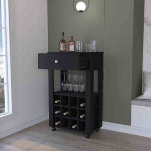 English Elm Ace Rolling Bar Cart with Wine Storage Glass Rack Drawer and Matte Black Finish B128P322488