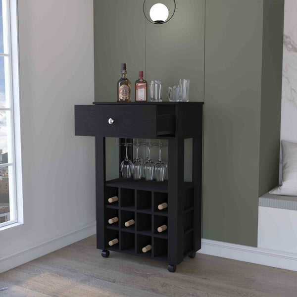 English Elm Ace Rolling Bar Cart with Wine Storage Glass Rack Drawer and Matte Black Finish B128P322488