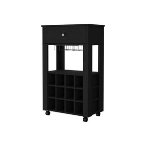English Elm Ace Rolling Bar Cart with Wine Storage Glass Rack Drawer and Matte Black Finish B128P322488
