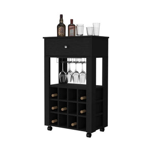 English Elm Ace Rolling Bar Cart with Wine Storage Glass Rack Drawer and Matte Black Finish B128P322488