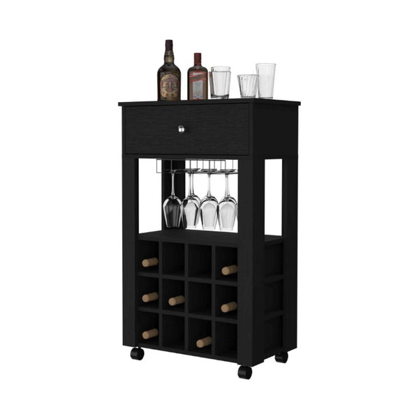 English Elm Ace Rolling Bar Cart with Wine Storage Glass Rack Drawer and Matte Black Finish B128P322488