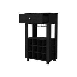English Elm Ace Rolling Bar Cart with Wine Storage Glass Rack Drawer and Matte Black Finish B128P322488