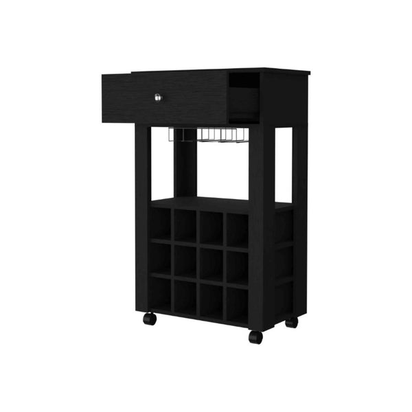 English Elm Ace Rolling Bar Cart with Wine Storage Glass Rack Drawer and Matte Black Finish B128P322488