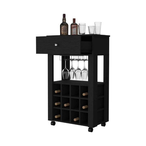 English Elm Ace Rolling Bar Cart with Wine Storage Glass Rack Drawer and Matte Black Finish B128P322488