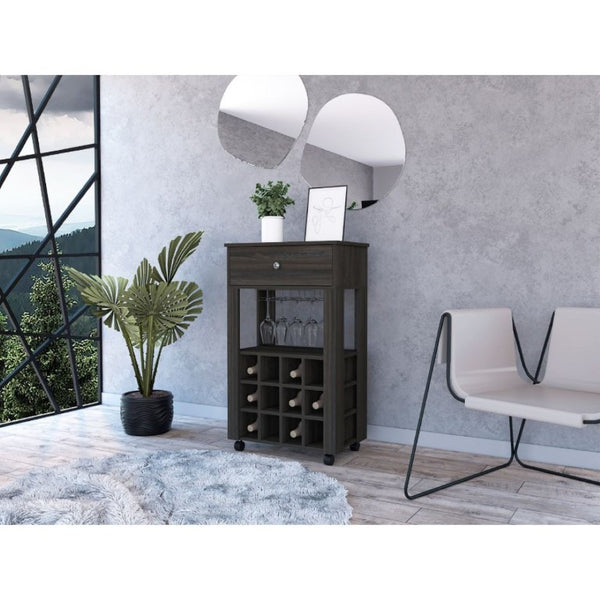 English Elm Ace Rolling Bar Cart with Wine Storage Glass Holder Drawer and Espresso Finish B128P322489