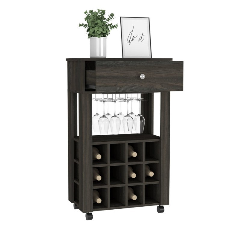 English Elm Ace Rolling Bar Cart with Wine Storage Glass Holder Drawer and Espresso Finish B128P322489