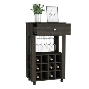 English Elm Ace Rolling Bar Cart with Wine Storage Glass Holder Drawer and Espresso Finish B128P322489