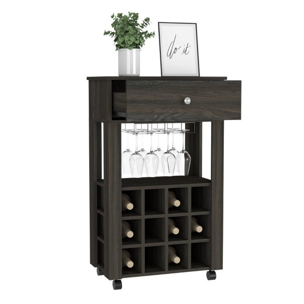 English Elm Ace Rolling Bar Cart with Wine Storage Glass Holder Drawer and Espresso Finish B128P322489