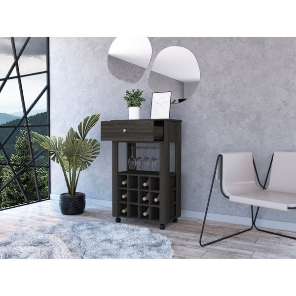 English Elm Ace Rolling Bar Cart with Wine Storage Glass Holder Drawer and Espresso Finish B128P322489