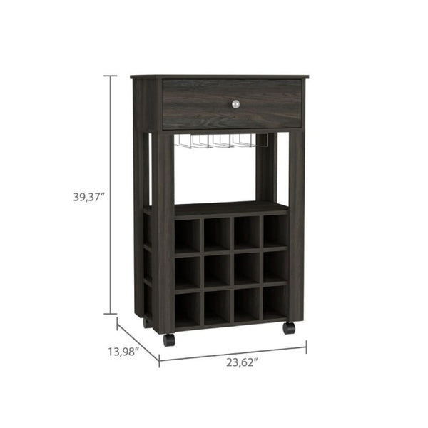 English Elm Ace Rolling Bar Cart with Wine Storage Glass Holder Drawer and Espresso Finish B128P322489