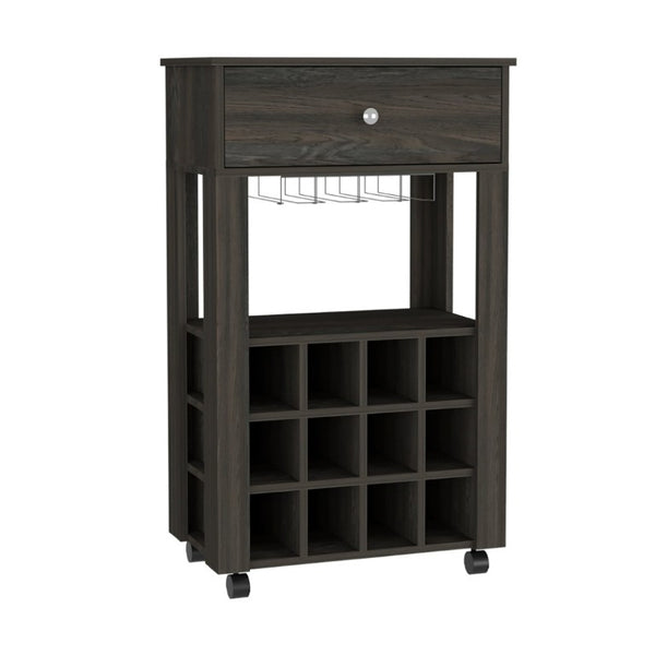 English Elm Ace Rolling Bar Cart with Wine Storage Glass Holder Drawer and Espresso Finish B128P322489