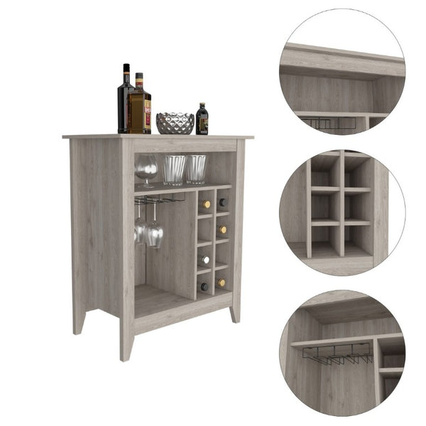 English Elm Future Compact Bar Cabinet with Six Slot Wine Rack Open Shelf and Drawer Storage B128P322494