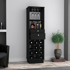 English Elm Hype Slim Bar Cabinet with Twelve Bottle Wine Rack Two Drawers and Open Shelf B128P322496