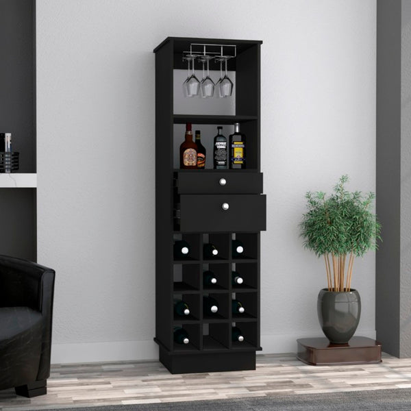 English Elm Hype Slim Bar Cabinet with Twelve Bottle Wine Rack Two Drawers and Open Shelf B128P322496