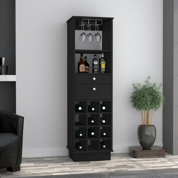 English Elm Hype Slim Bar Cabinet with Twelve Bottle Wine Rack Two Drawers and Open Shelf B128P322496