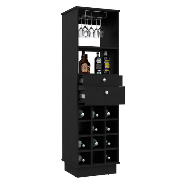 English Elm Hype Slim Bar Cabinet with Twelve Bottle Wine Rack Two Drawers and Open Shelf B128P322496