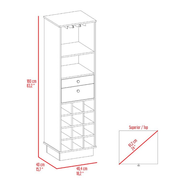 English Elm Hype Slim Bar Cabinet with Twelve Bottle Wine Rack Two Drawers and Open Shelf B128P322496