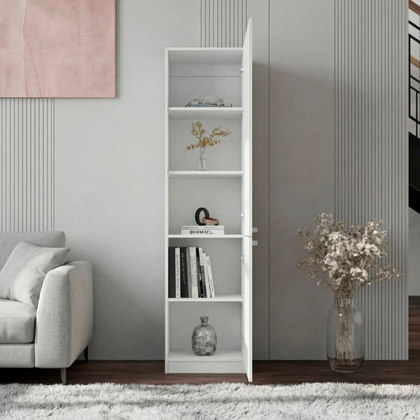 English Elm Kudai Slim Tall Storage Cabinet Five Open Shelves Concealed Door Modern White B128P485421