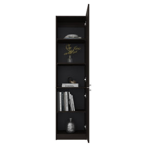 English Elm Kudai Tall Narrow Walnut Bookcase with Door Five Shelf Modern Home Storage Unit B128P485422