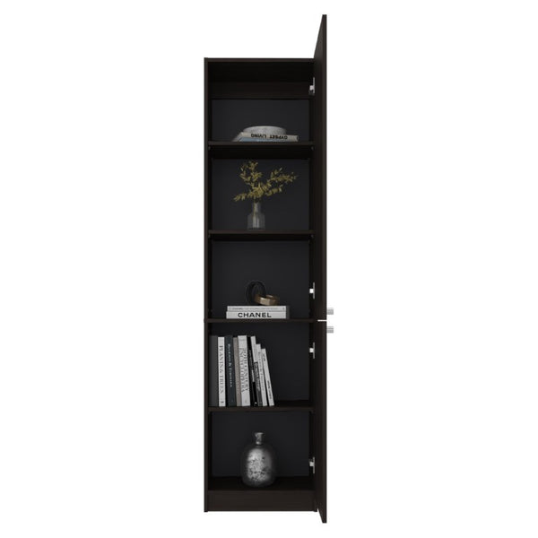 English Elm Kudai Tall Narrow Walnut Bookcase with Door Five Shelf Modern Home Storage Unit B128P485422