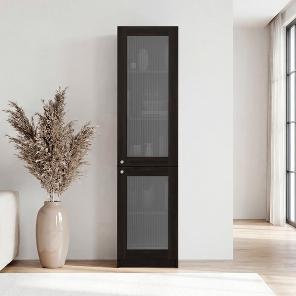 English Elm Milo Walnut Tall Glass Door Storage Cabinet Five Shelves Slim Minimalist Profile B128P485426
