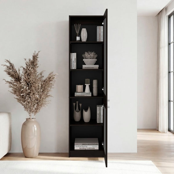 English Elm Milo Walnut Tall Glass Door Storage Cabinet Five Shelves Slim Minimalist Profile B128P485426
